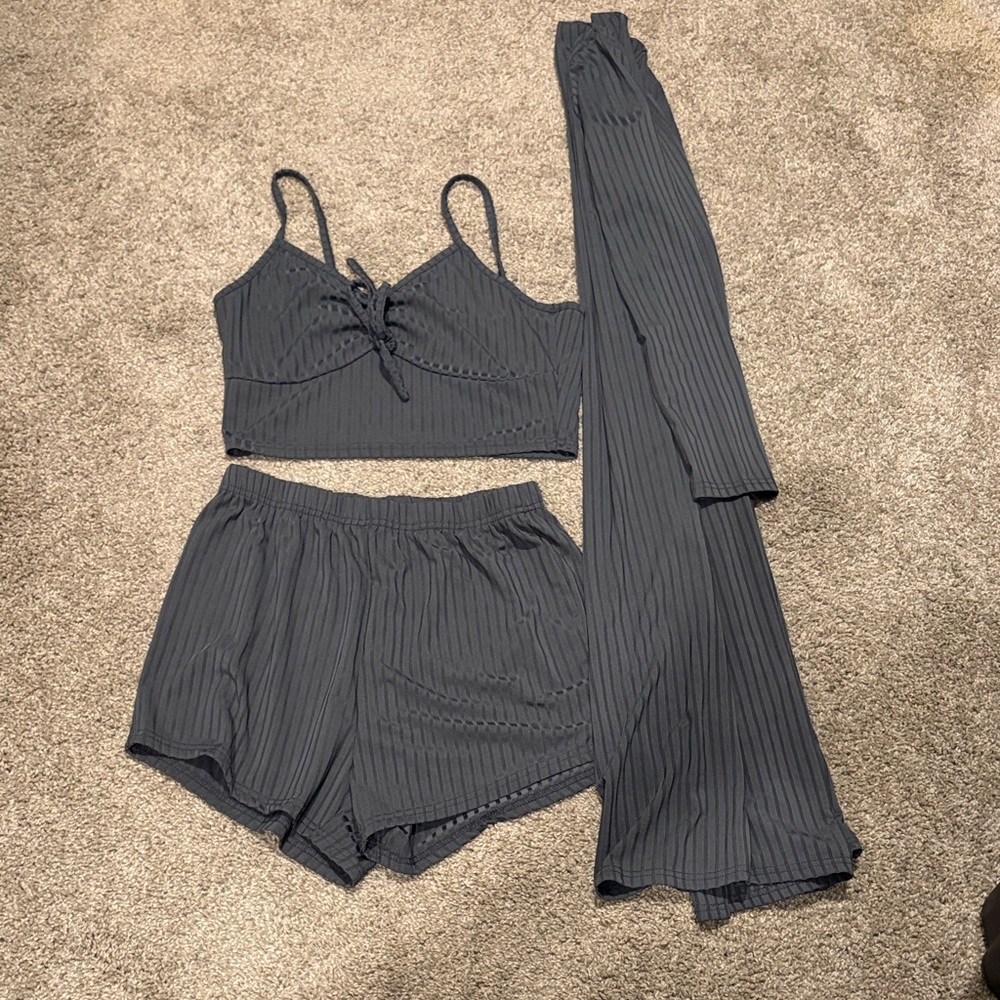 3-Piece Women's Charcoal Ribbed Lounge Set - Bralette, Shorts & Pants